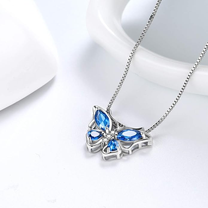 Aurora Tears Butterfly Birthstone Pendant Necklace - Women 925 Sterling Silver Butterflies Birthstone Pendant Necklace Jewelry Birthday Gift for Women
