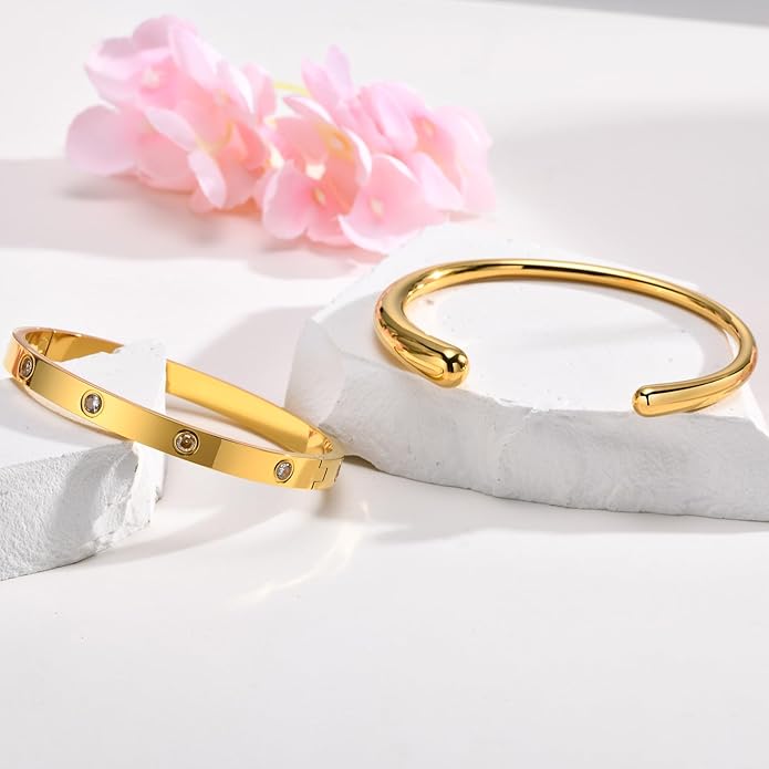 MPRAINBOW Gold Bracelets for Women, 2Pcs 18K Gold Plated Cubic Zirconia Bangle Crystal Friendship Bracelet Jewelry,Wedding Party Christmas Birthday Gifts for Her Girlfriend Sister Daughter