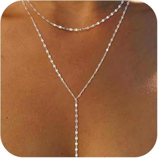 Lariat Necklace for Women, Dainty Long Necklaces, 14k Gold/Silver Plated Y-Shaped Drop Chain Necklace, Simple Layered Necklaces, Trendy Jewelry Gifts for Her