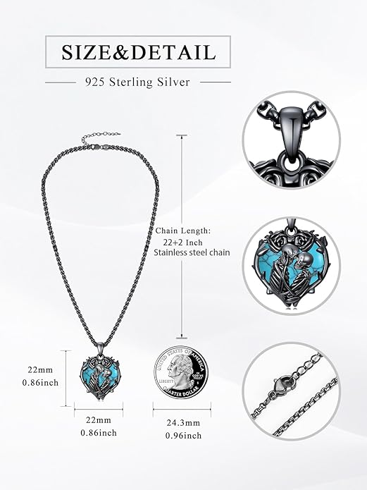 Flpruy 925 Sterling Silver Black Gothic Jewelry Gifts Skeleton Couple Pendant Crystal Birthstone Heart Necklace Punk Romantic Jewelry for Lover Men Women