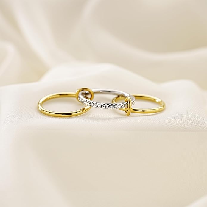 AllenCOCO 14K Gold Plated Stackable Rings, 3 Ring Set with CZ Cubic Zirconia, Gold & Silver Stacked, Multi-Link Connected Interlocking Band for Women Statement Hypoallergenic Upgraded Craft