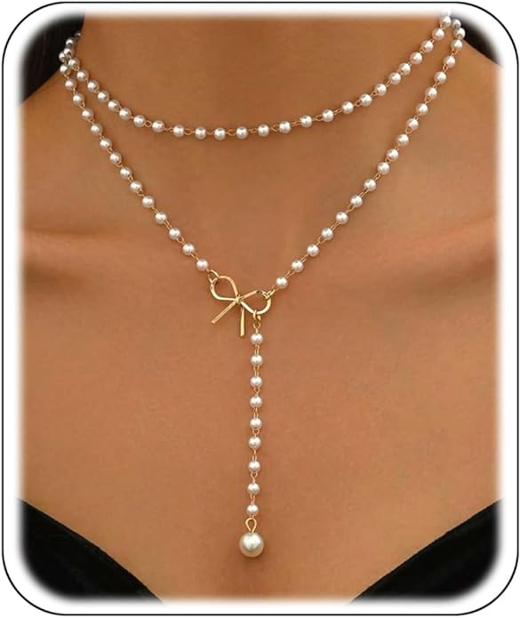 Layered Pearl Choker Necklaces for Women Gold Plated Dainty Trendy Faux Pearl Drop Pendant Y Shaped Layered Gold Necklace Wedding Bridal Jewelry