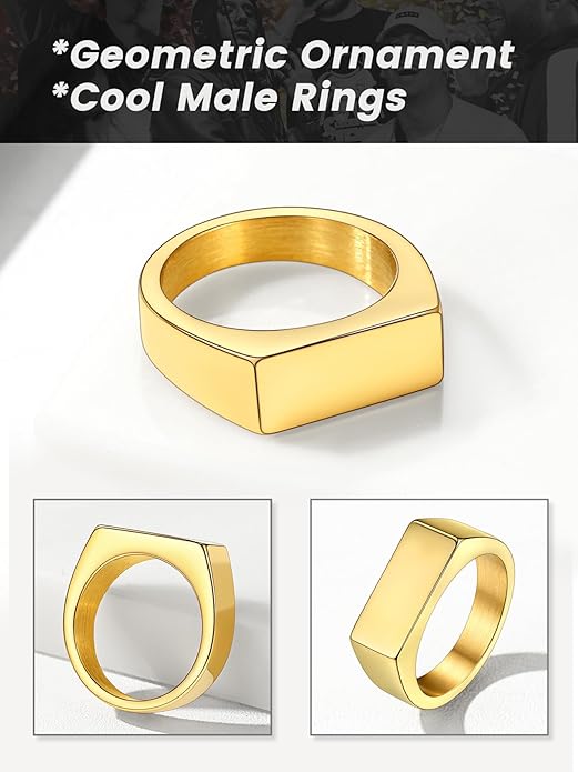 Bestyle Stainless Steel Signet Ring for Men Women in Gold/Black/Silver/Vintage Gray Tone, Chunky Thick Heavy Dome Band Ring Cool Finger Ring, Gift for Dad Husband, Size 7-14 Customizable