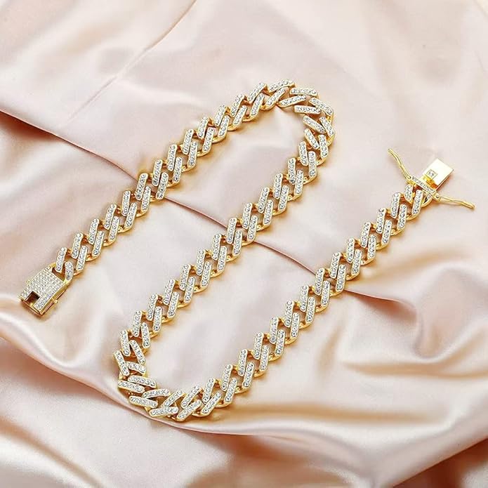 EMESLY Miami Cuban Link Chain 14K Gold Plated Necklace (16, 18, 20, 22, 24, 30 Inches Length); Hip Hop Bracelet (8" Length) for Men & Women; Perfect Iced Out Bling Jewelry Gift