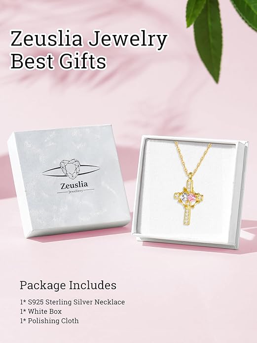 Zeuslia Double Birthstone Necklace Gifts for Wife - 925 Sterling Silver Sunflower/Rose/Crown Cross/Compass/Heart Pendant I Love You Necklace, Anniversary Birthday Gifts for Wife Girlfriend Mom Her