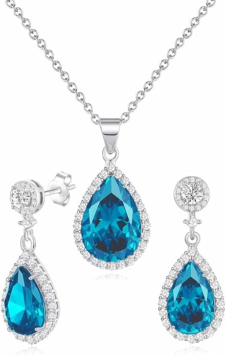 REASAYLL Jewelry Sets For Women 925 Sterling Silver Post Teardrop Dangle Stud Earrings Necklace Set Crystal Rhinestone Wedding Prom Costume Jewelry for Women