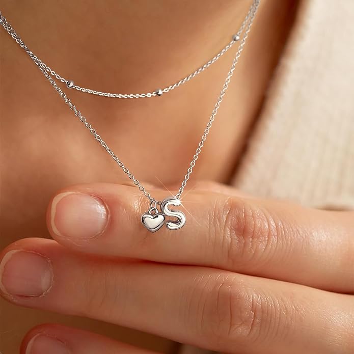 adoyi Gold Necklace for Women Layered Bubble Heart Letter Initial Necklaces for Women Trendy Jewelry 14K Gold Plated Chain Chunky Name Necklace Stack Charm A-Z Pendant Set Jewelry Gifts