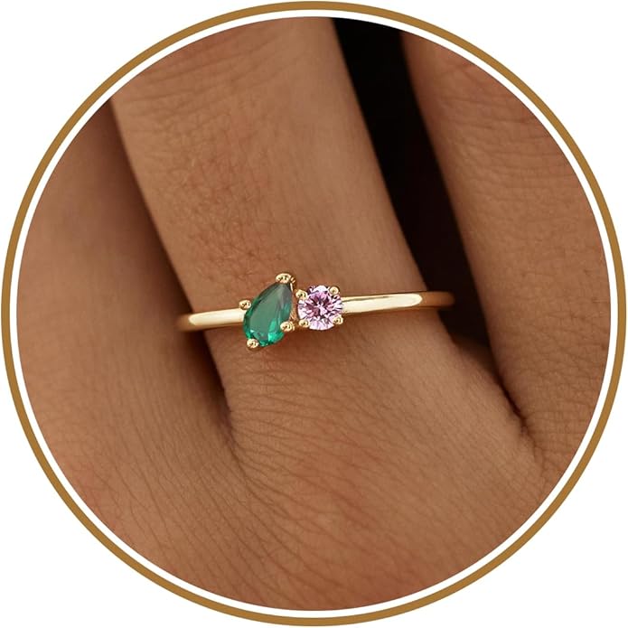 JSJOY Birthstone Rings for Women Dainty Emerald Blue Ring Birthday Gifts for Mom Her Gemstones CZ Ring for Teens Gold Rings That Don't Tarnish Adjustable Ring Jewelry Gifts