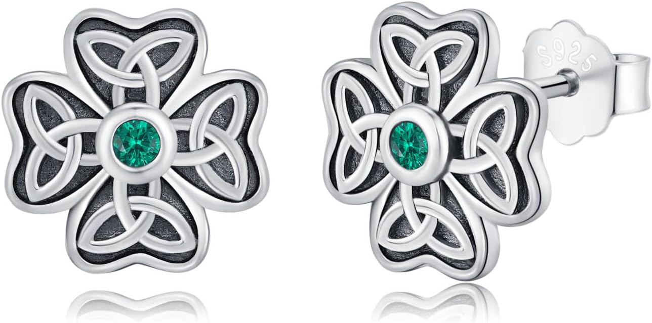 JUSTKIDSTOY St Patricks Day Earrings Gifts 925 Sterling Silver Four Leaf Clover Shamrock Earrings Irish Jewelry for Women Girls
