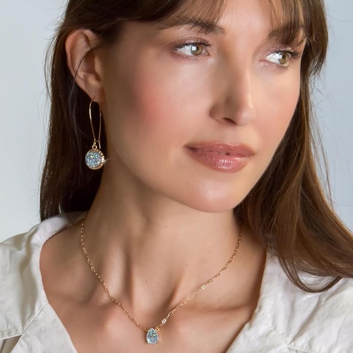 Simulated Druzy Threader Drop Earrings for Women - Gold, Silver, or Rose Gold Tone Trendy Boho Dangles with Sparkly Round Stone