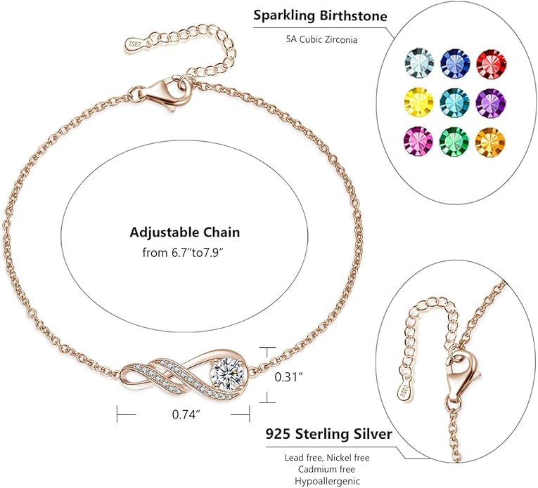 Birthstone Bracelets for Women 925 Sterling Silver Created Gemstone Bracelet Infinity Pendant Jewelry for Her, 6.7"+1.2"