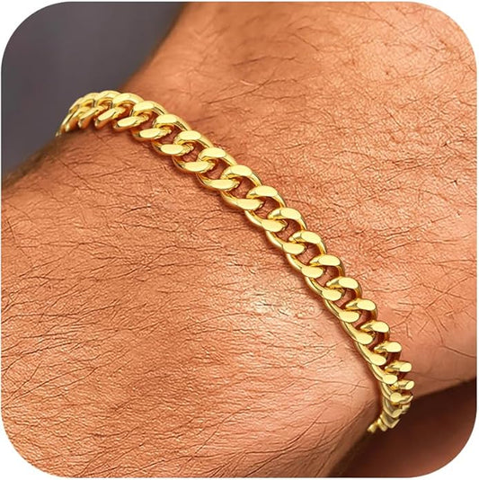 Cuban Link Bracelet for Men, 18K Gold Over Sterling Silver 6MM Cuban Link Bracelet Diamond Cut Cuban Chain Mens Bracelet Gifts for Boyfriend Father Husband