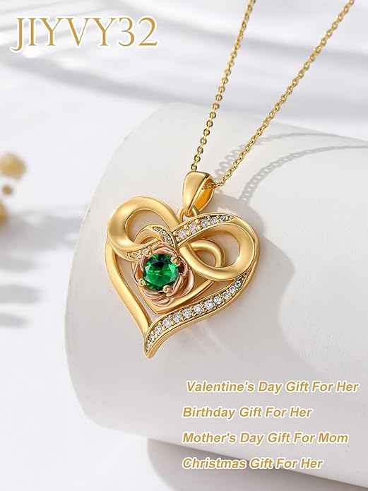 Infinite Heart Birthstone Necklaces for Women Gold Plated Pendant Wedding Anniversary Birthday Gift for Wife Her Mom Grandma Daughter Jewelry with Round Birthstone