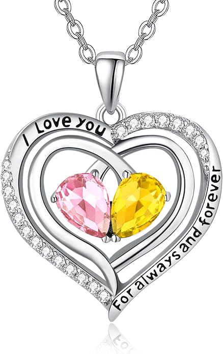 Zeuslia Double Birthstone Necklace Gifts for Wife - 925 Sterling Silver Sunflower/Rose/Crown Cross/Compass/Heart Pendant I Love You Necklace, Anniversary Birthday Gifts for Wife Girlfriend Mom Her