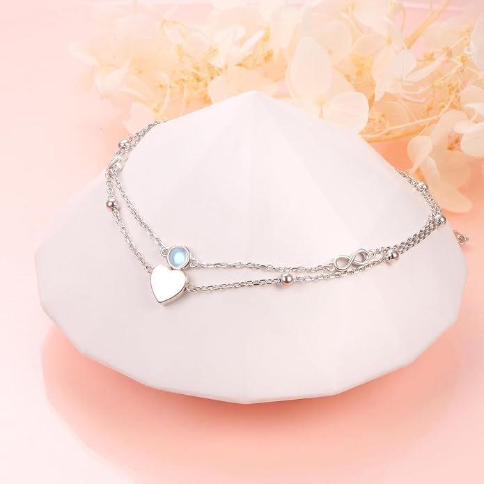FLYOW Anklet for Women S925 Sterling Silver Adjustable Foot Beaded Heart Charm Ankle Bracelet Anklets Jewelry