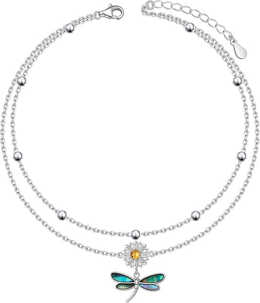 Anklets for Women 925 Sterling Silver Charm Layered Simulated Opal/Moonstone/Daisy/Infinity Summer Beach Ankle Bracelet Foot Chain Jewelry Birthday Valentine's Day Mother's Day Gift