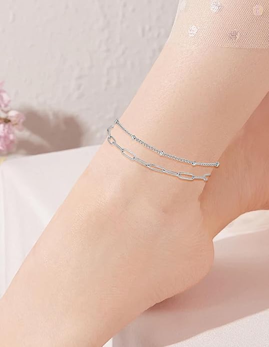 6PCS 18k Gold Plated Stainless Steel Ankle Bracelets for Women Waterproof Layered Herringbone Figaro Bead Paperclip Rope Tennis Box Cuban Link Rolo Satellite Chain Anklets Set Gold Tone