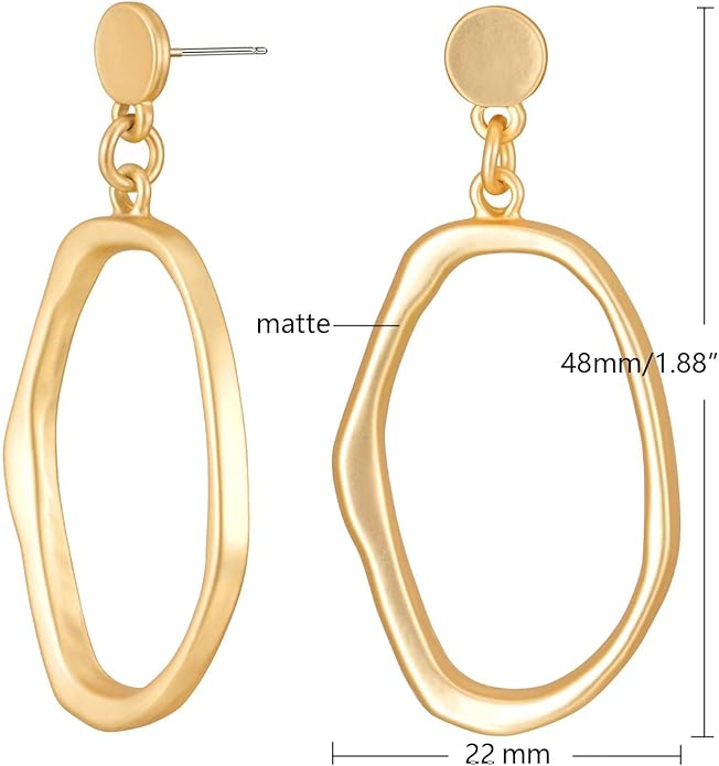 Stud Earrings for Women 14k Gold Plated Geometric Dangle Earrings Lightweight Minimalist Handmade Hammered Texture Oval Disc Drop Double-layer Big Hoop Dangle Earrings for Women