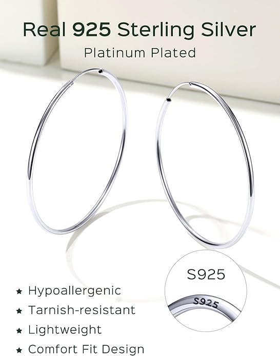 ChicSilver Hypoallergenic 925 Sterling Silver Hoop Earrings for Women, Lightweight Large Gold Plated Hoop Earrings, Endless Hoops Earring 20/30/40/50/60/70MM