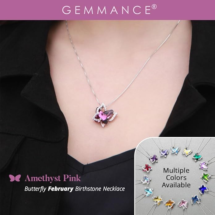 Gift Butterfly Birthstone Crystal Necklace, Silver Tone with 18”+2” Chain, Necklace for Mother’s Day Anniversary Birthday Gifts for Women and Daughter