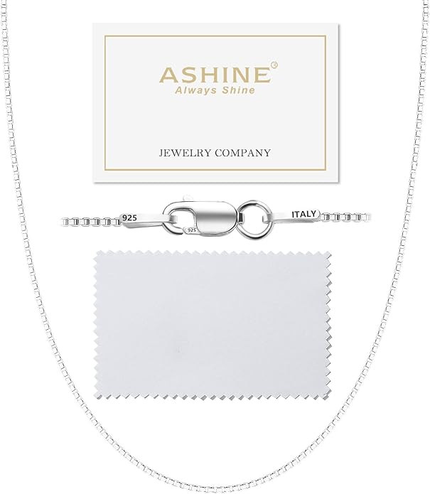 ASHINE 925 Sterling Silver Box Chain Necklace for Women, 1mm 0.8mm Italian Chains, Dainty & Sturdy Necklace with Silver Polishing Cloth Available in 16-36 Inch