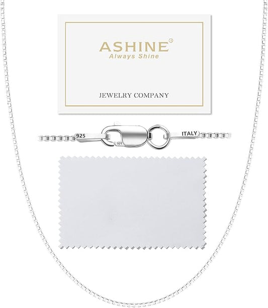 ASHINE 925 Sterling Silver Box Chain Necklace for Women, 1mm 0.8mm Italian Chains, Dainty & Sturdy Necklace with Silver Polishing Cloth Available in 16-36 Inch