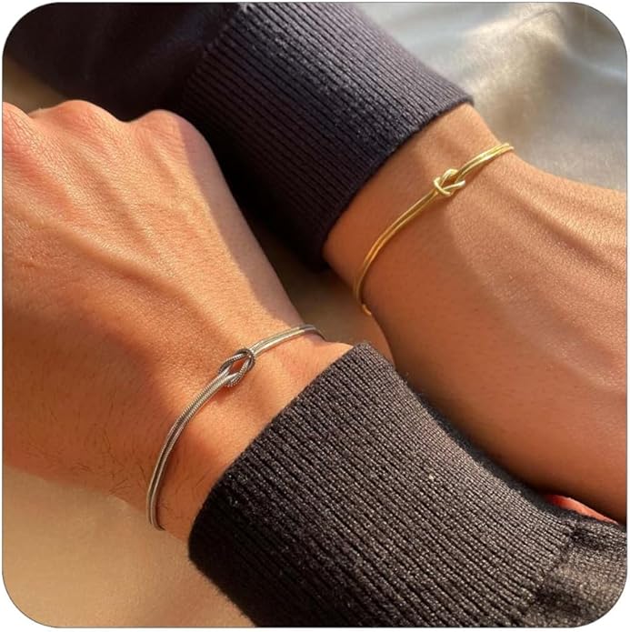 Matching Bracelets for Couples，Dainty Gold Love Knot Bracelet 14K Gold Plated Herringbone Chain Bracelet Relationship Jewelry Gifts for Best Friend