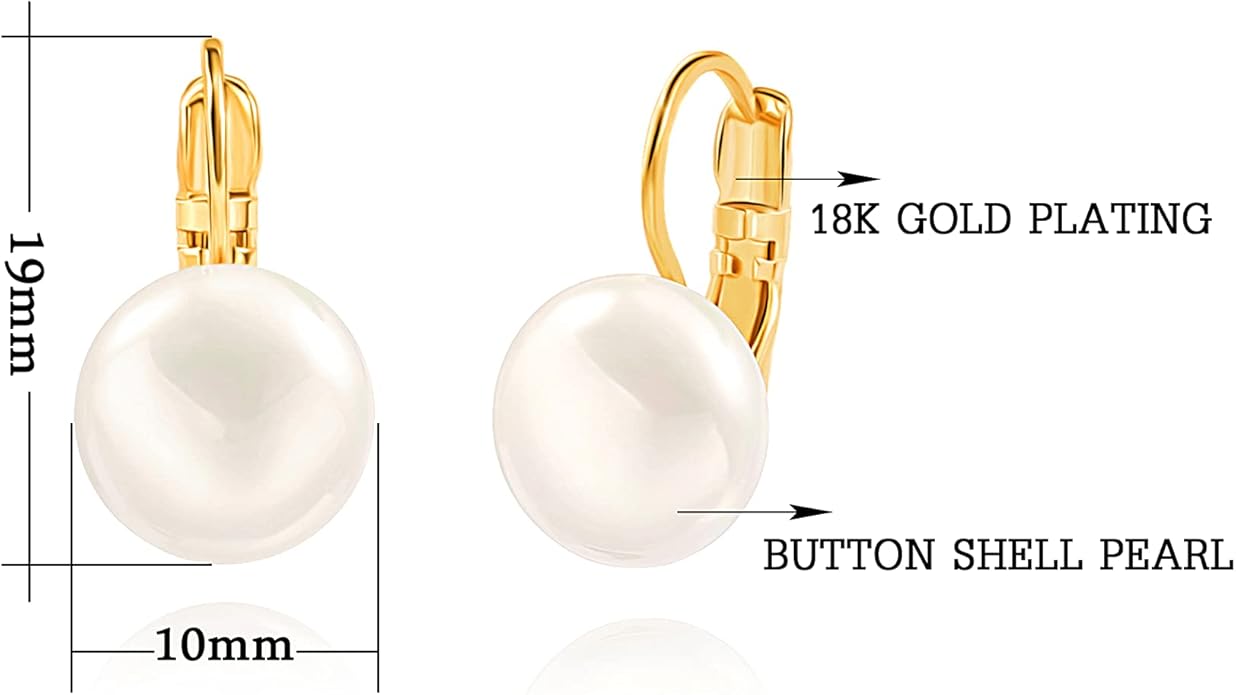 Handpicked White Pearl Earrings 18k Gold Plated Leverback Dangle Stud Pearl Earrings Jewelry for Women