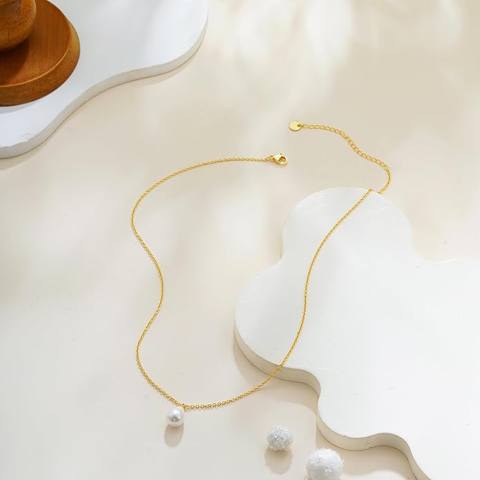 Gold Pearl Necklaces for Women Trendy, 14K Gold Plated Dainty Necklace Simple Layered Pearl Necklaces for Women Trendy Wedding Birthday Jewelry