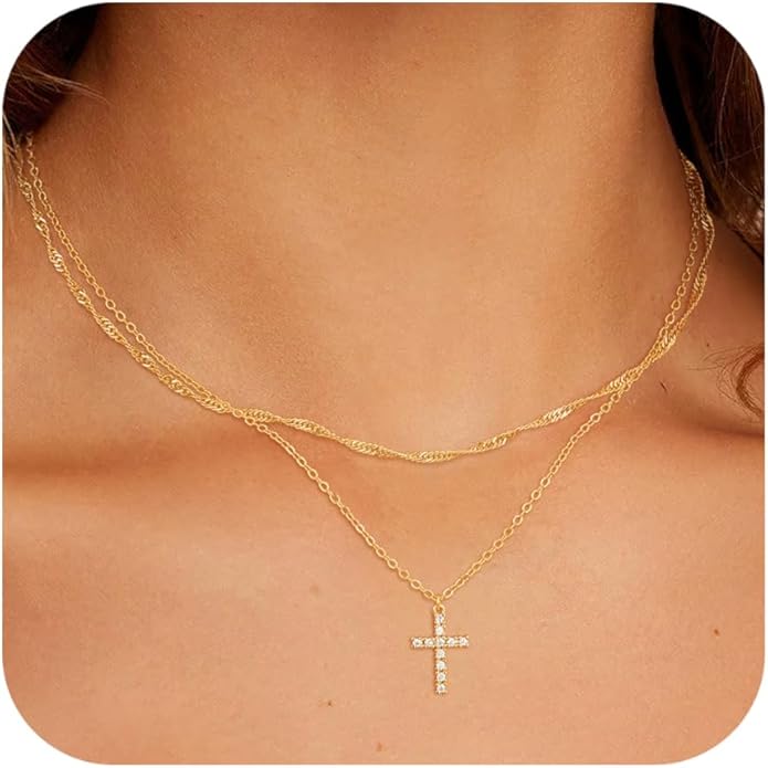 Cross Necklace for Women Dainty 14K Real Silver Gold Plated Layered Cross Pendant Necklace Stack Simple Trendy Cute Charm Choker Necklaces Jewelry Gift for Women Teen Her