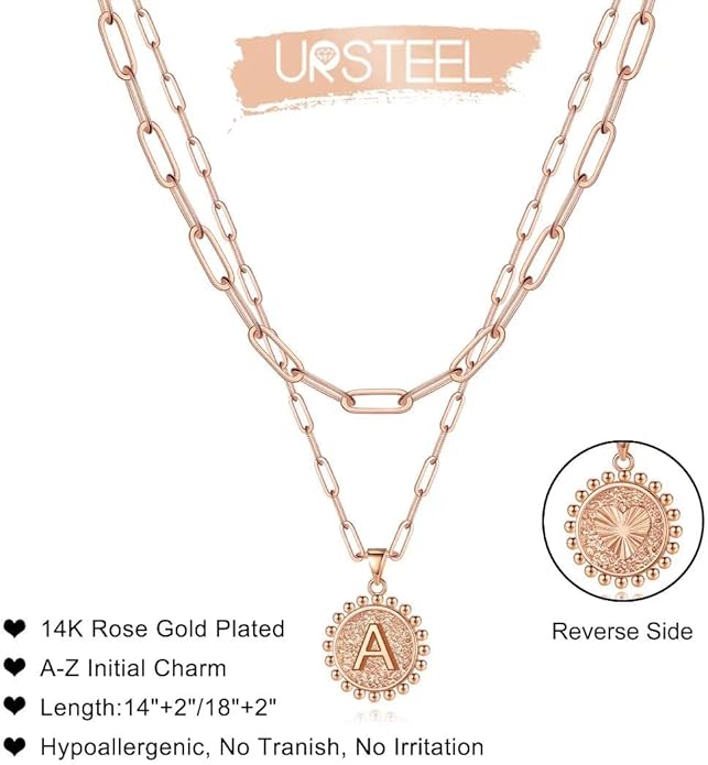 Ursteel Layered Initial Necklaces for Women, 14K-Gold-Plated Dainty Layering Paperclip Chain Necklaces for Women Jewelry