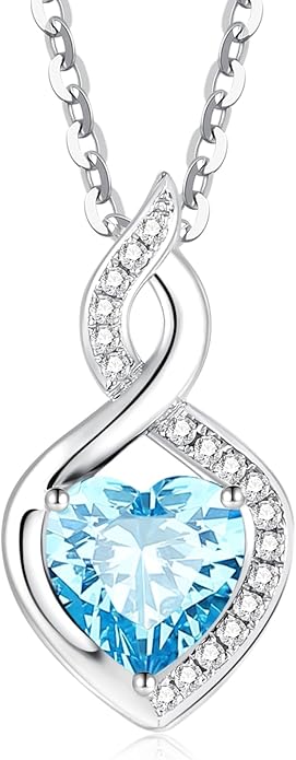 FANCIME 14K Solid White Gold Heart Birthstone Necklace with Diamond Pendent Birthday Gifts for Mom Women, Sterling Silver Chain 16" + 2" Extender
