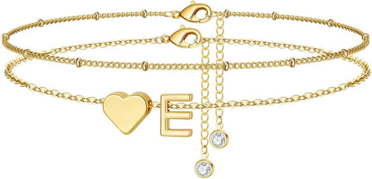 M MOOHAM Gold Initial Ankle Bracelets for Women - Layered Heart Letter A-Z Initial Dainty Gold Anklets for Women Waterproof, Womens Anklets Jewelry Birthday Gifts Jewelry