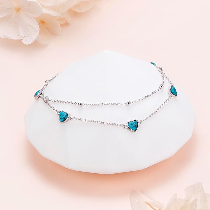 FLYOW Anklet for Women S925 Sterling Silver Adjustable Foot Beaded Heart Charm Ankle Bracelet Anklets Jewelry