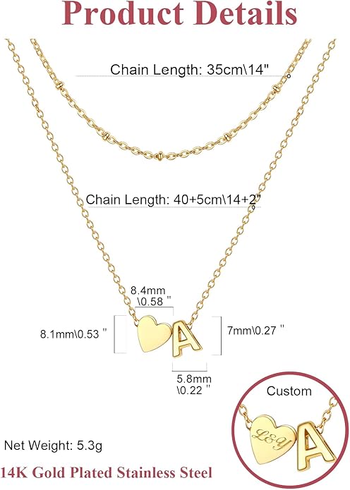 FOCALOOK Layered Initial Necklace for Women, 14K Gold Plated Choker Necklaces Stacks with Initial A-Z, Dainty Silver Heart Pendant Necklace Personalized Birthday Women Jewelry