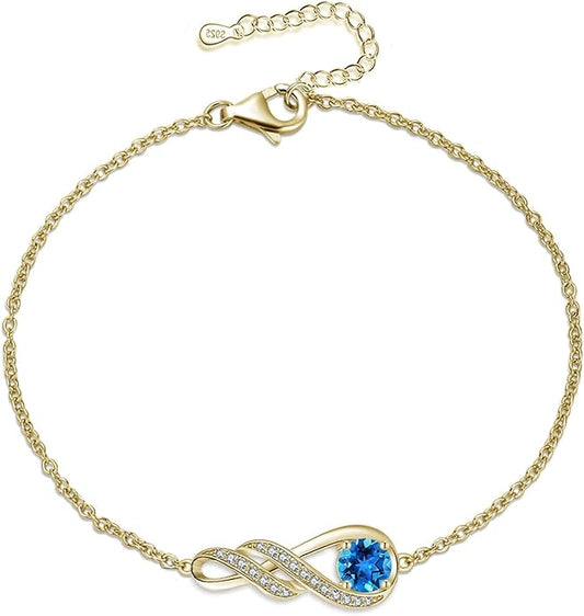 Birthstone Bracelets for Women 925 Sterling Silver Created Gemstone Bracelet Infinity Pendant Jewelry for Her, 6.7"+1.2"