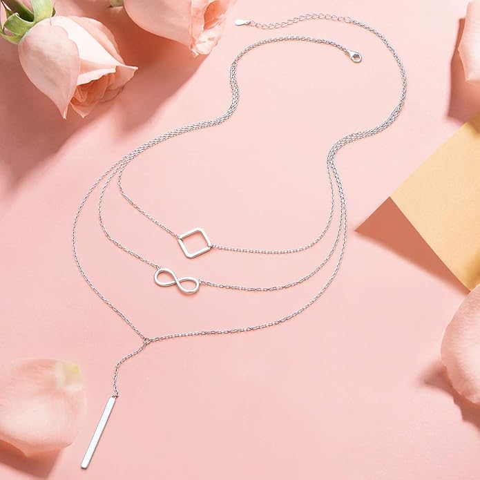 S925 Sterling Silver Layered Necklaces Multi 3 Layer Circle Bar Boho Long Triple Choker Pendant Necklace Jewerly Gift for Women