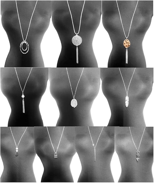 10Pcs Long Pendant Necklace Simple Moon Bar Three Triangle Tassel Lock Sweater Y Shape Punk Chain Choker Necklace for Women Men Gold Silver Plated