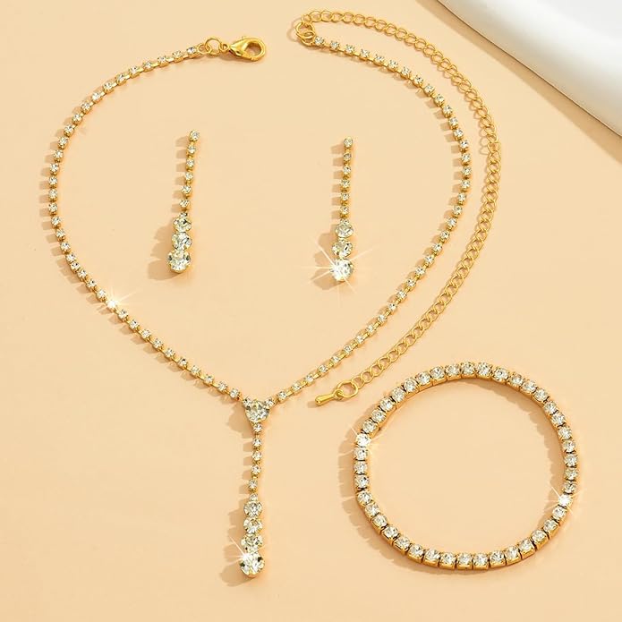 MIFYNN Rhinestone Wedding Set for Women Sparkle Crystal Earrings Necklace Bracelet Jewelry Set Wedding Party Prom Jewelry Set for Brides Bridesmaid