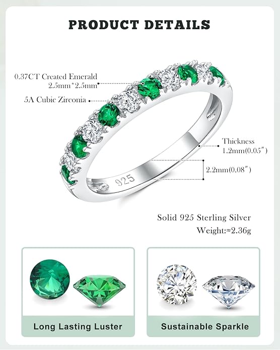 CAIDIKA Created Ruby/Sapphire/Emerald Stackable Rings for Women 14K Gold Plated/ 925 Sterling Silver 2.2mm Wedding Band Ring (with Gift Box)