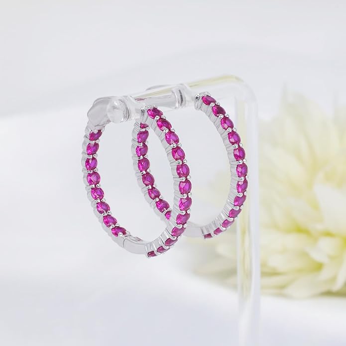 Hoop Earrings with 40 Colored Gemstones, Birthstone Earrings, 925 Sterling Silver Rhodium Plated, Push Back Closure, 1.18'
