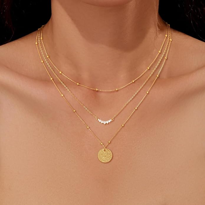 CHESKY 14K Gold Plated Layered Necklaces for Women,Dainty Gold/Silver Plated Chain Necklace CZ Pendant Necklace Adjustable Layering Choker Necklace jewelry Gifts