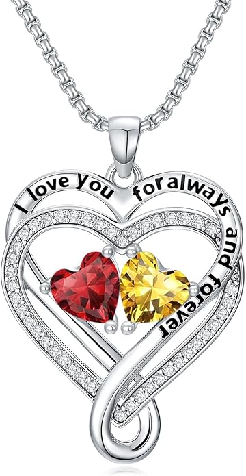 I Love You for Awlays and Forever Double Heart Necklace with Birthstone, 2 Birth Stone Jewelry Anniversary Valentines Mothers Day Christmas Birthday Gifts for Women Her Wife Girlfriend Mom Mother