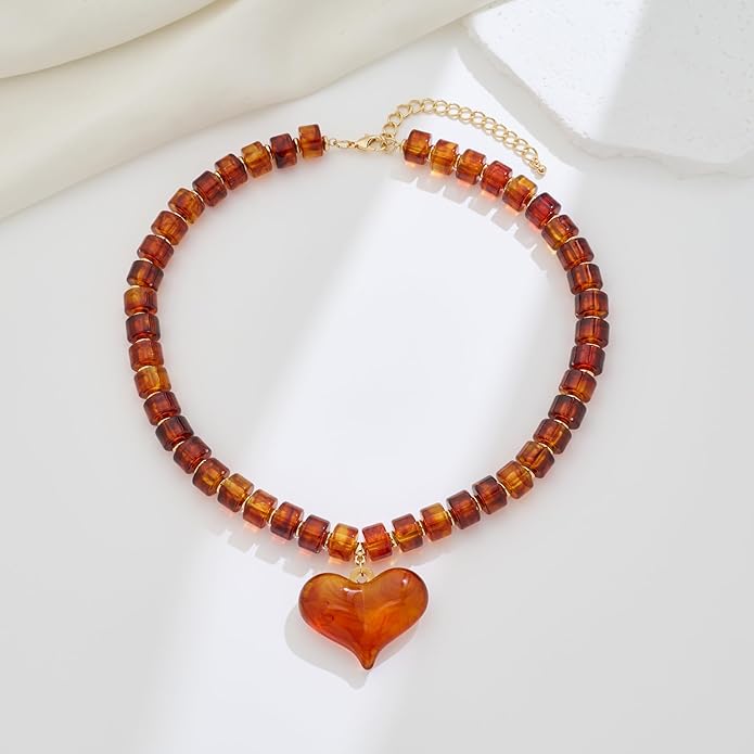 YUJIE Chunky Heart Penadnt Necklace for Women- Exaggerated Statement Puff Heart Necklace with Acrylic Beaded Chain