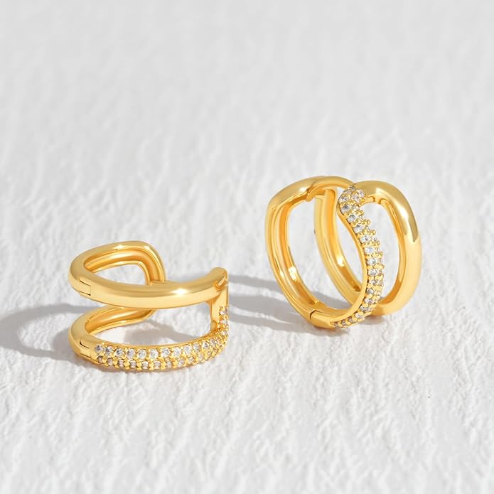 Gold Huggie Hoop Earrings 14K Gold Plated Dainty Chunky Thick Hoop Diamond Cubic Zriconia Inlay Sleeper Tiny Delicate Boho Beach Simple Hypoallergenic Jewelry Gift for Her