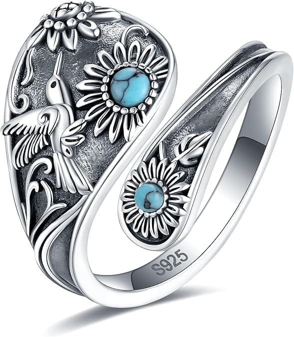 S925-Sterling-Silver Abalone Dragonfly-Turquoise Spoon Ring - Vintage Boho Sunflower Thumb Oxidized Wrap Rings Victorian Style Antique Floral Jewelry Gifts for Women