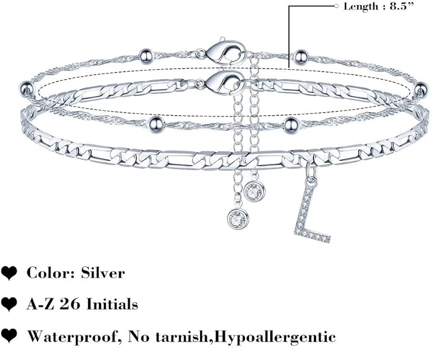 Ursteel Ankle Bracelets for Women, 14K Gold Plated Dainty Layered Chain CZ Initial Anklets Summer Jewelry Gifts for Women