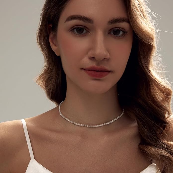 Tennis Necklace Bracelet for Women, Sterling Sliver, Dainty Chocker Necklace, Crystal Bracelet for Women, Wedding Jewelry for Bride, Sparkly Party Prom Hypoallergenic