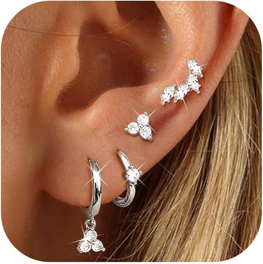 Florideco 925 Sterling Silver Earrings for Women Trendy Hypoallergenic Small Gold Hoop Earrings 14K Gold Plated Stud Earring Sets for Multiple Piercing CZ Ear Cuff Cartilage Earring Stacks