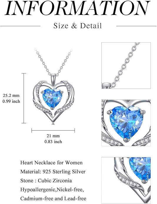 WINNICACA Birthday Gift for Mom Heart Necklace for Women 925 Sterling Silver Birthstone Necklace Jewelry Gift for Women Wife Her Girlfriend Sister